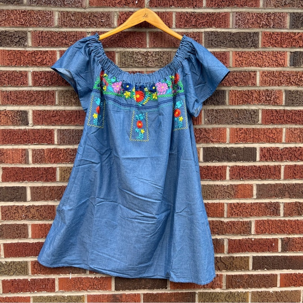 Denim Chambray Embroidered Floral Off the Shoulder Pocket Dress